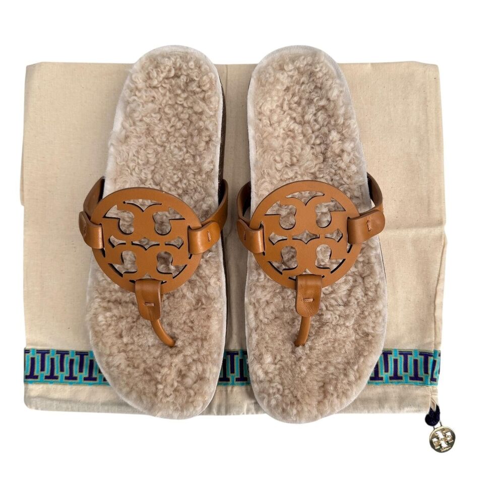 Tory Burch Miller Cloud Shearling Sandals Womens Size 9M Brown Leather Thong